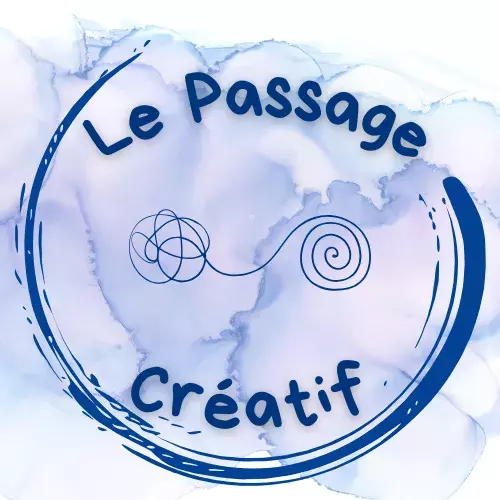 Le Passage Créatif. Le texte est écrit à l'intérieur d'un cercle fait d'un trait de peinture. Il y a un dessin représentant un fil emmêlé sur la gauche, puis le fil s'étire vers la droite et apparaît démêlé. Cela symbolise comment l'art-thérapie peut permettre de dénouer ce qui est emmêlé à l'intérieur de soi, afin de se sentir plus en harmonie.