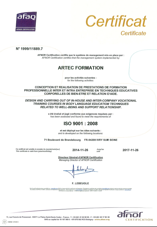 CERTIFICAT ARTEC FORMATION ISO